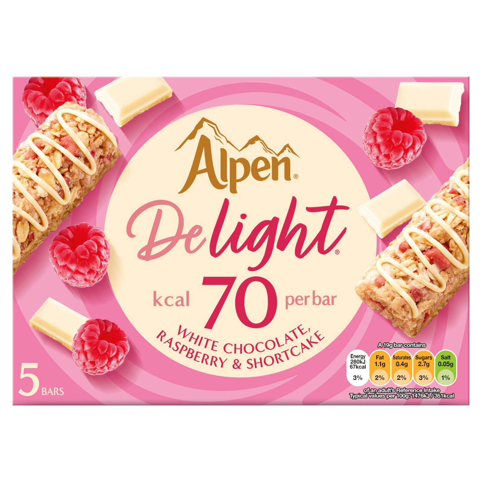 Alpen Delight 5 White Chocolate, Raspberry & Shortcake Bars 95g Alpen Delight 5 White Chocolate, Raspberry & Shortcake Bars 95g